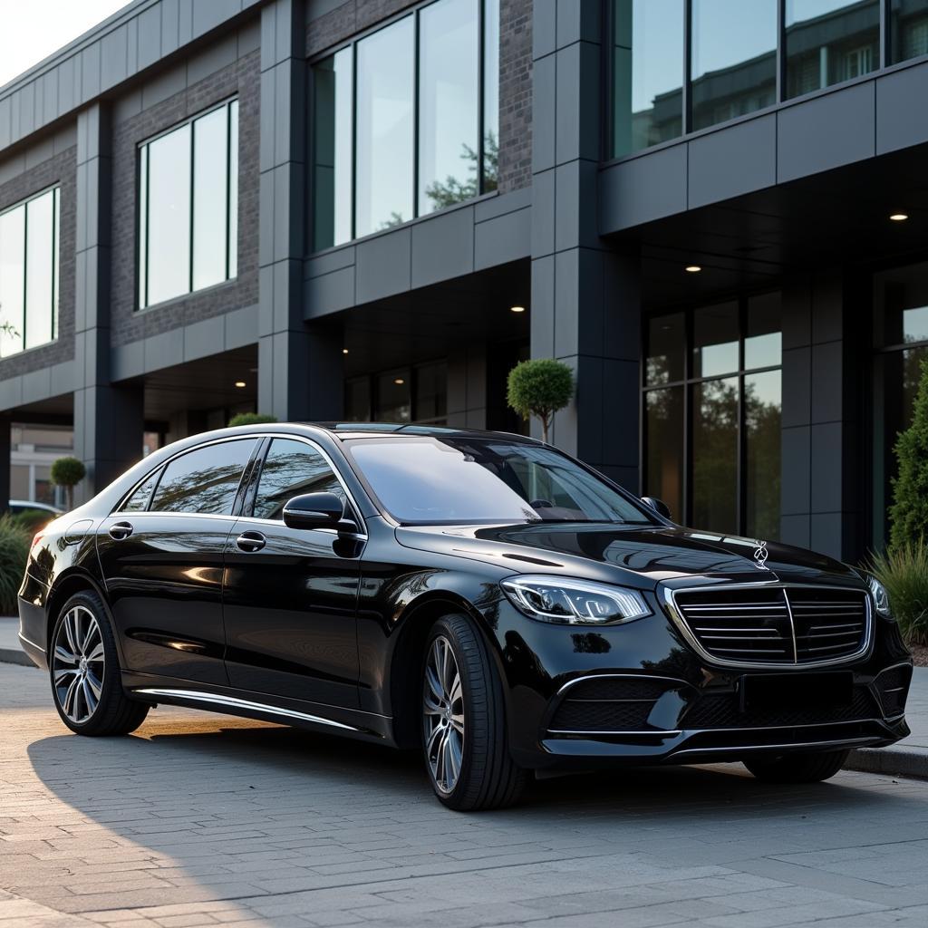 Black car parked in front of a corporate building