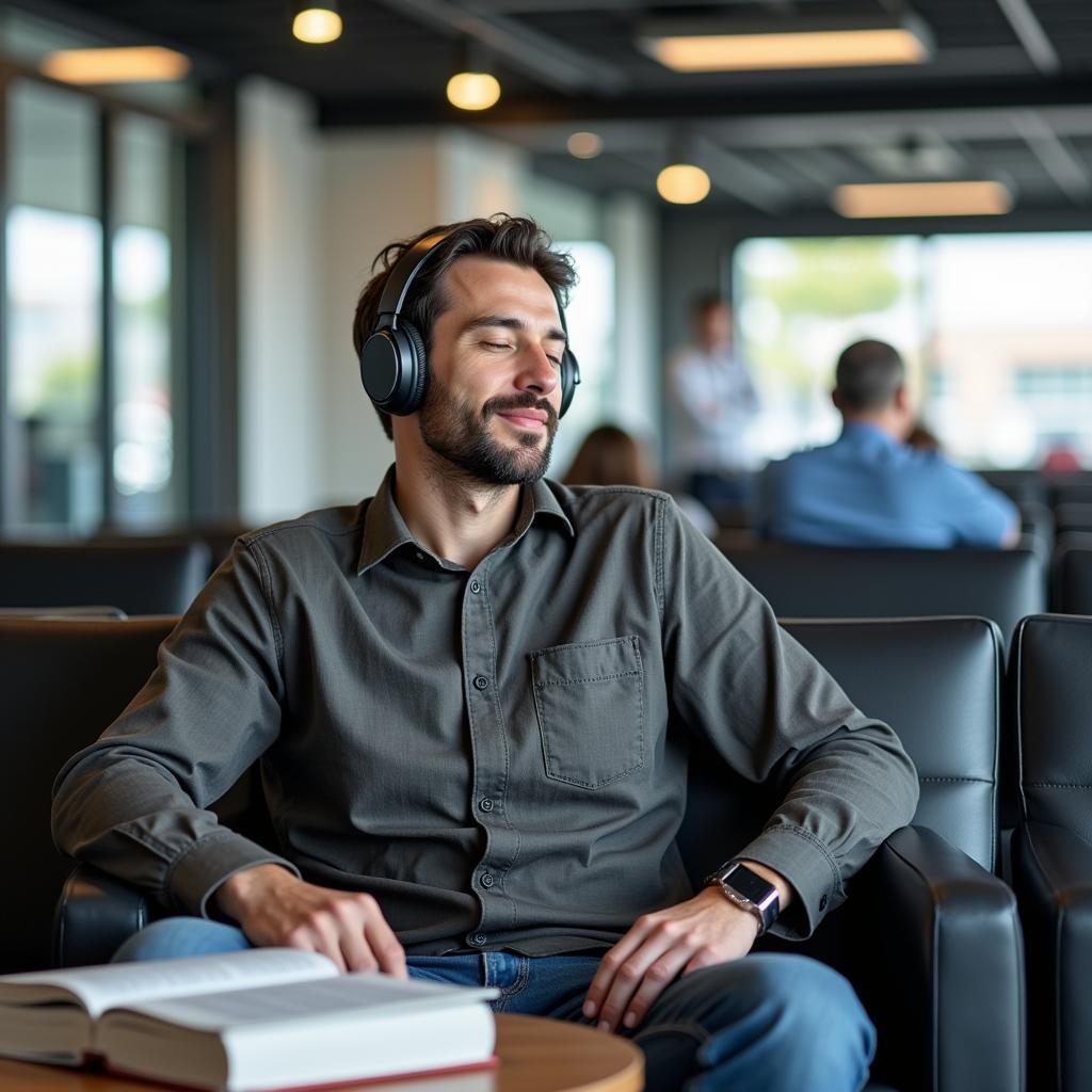 Man relaxing with headphones in a car service waiting room