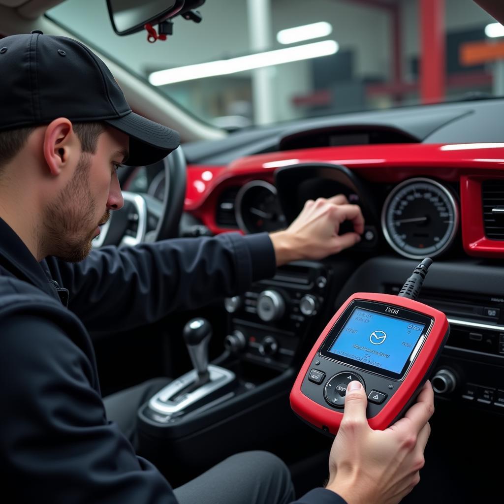 Mazda Mechanic Performing Diagnostic Test