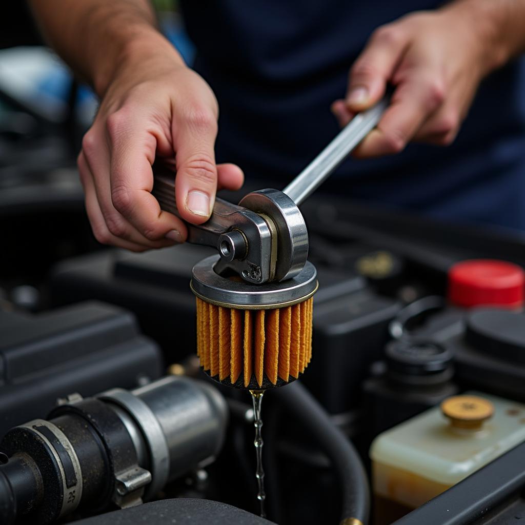 Mechanic changing the oil filter during a car service