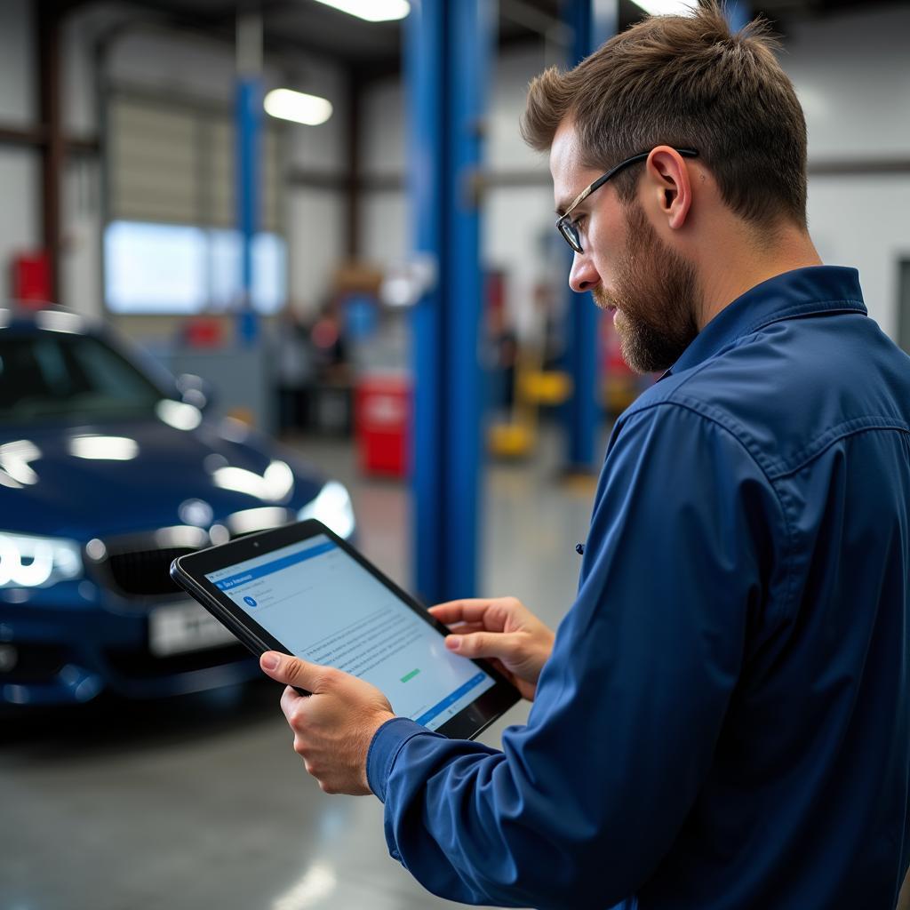 Mechanic Reviewing Borsh Service Record During Inspection