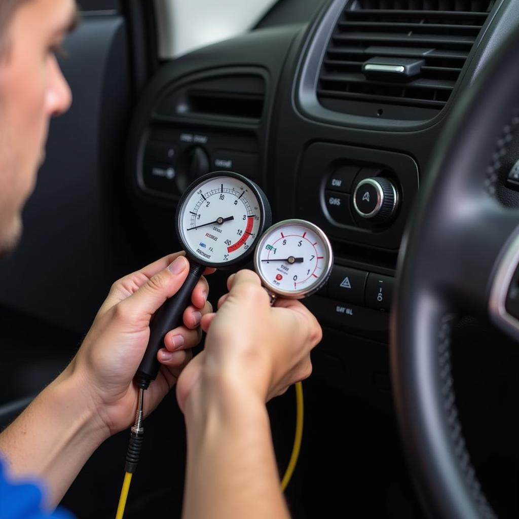 Mechanic Checking Car AC System Pressure