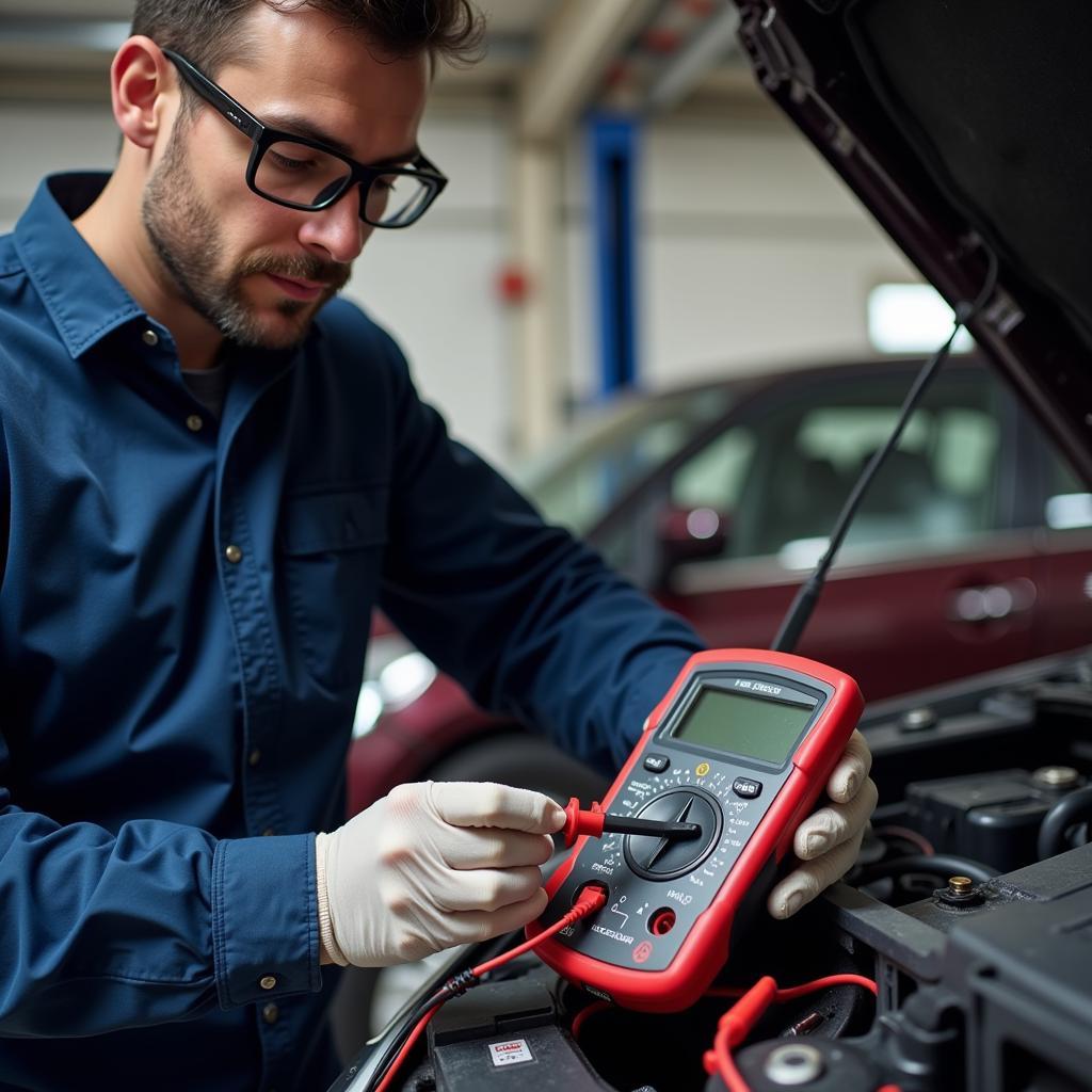 Mechanic Inspecting a Car Battery with a Multimeter