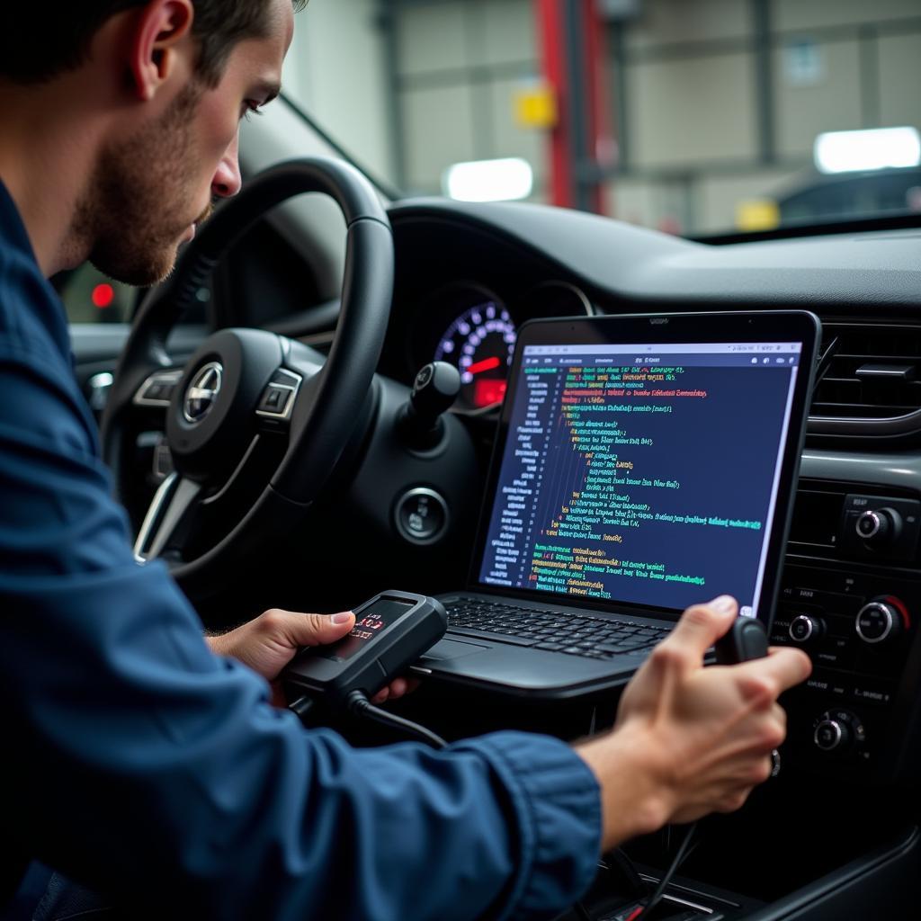 Mechanic Checking Car's Computer System for Service Light Issues