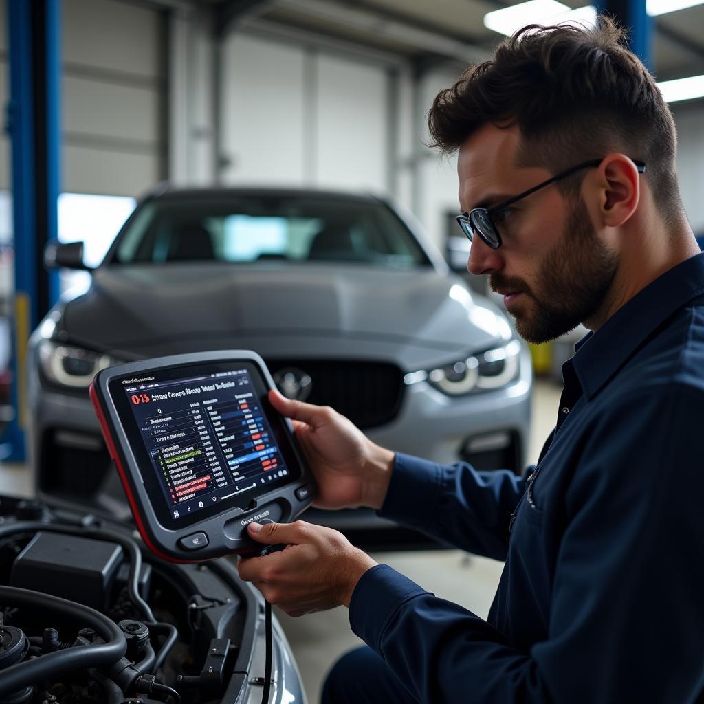 Mechanic Using a Diagnostic Tool on a Car