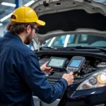 Mechanic Checking Car with Diagnostic Tools