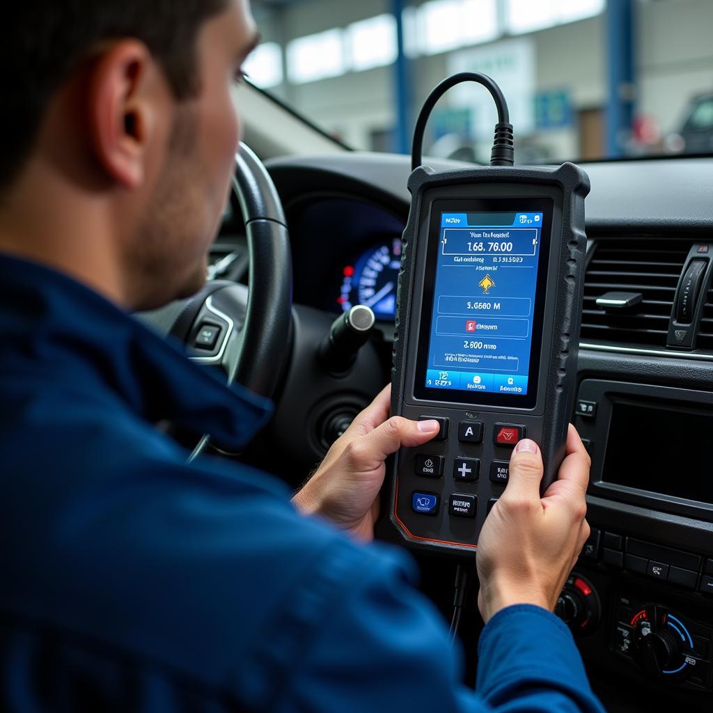 Mechanic using diagnostic equipment to check a car's systems