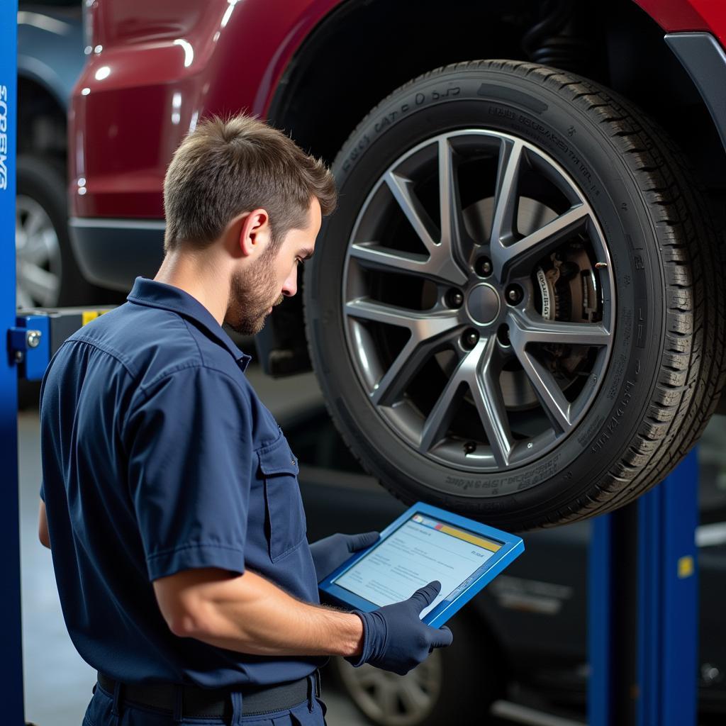 A mechanic thoroughly inspecting a car during a service appointment.