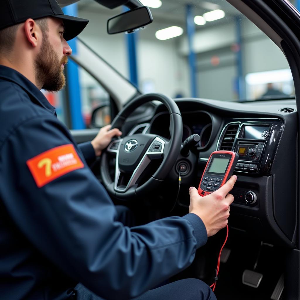 Mechanic Checking Car Emissions with Diagnostic Tool