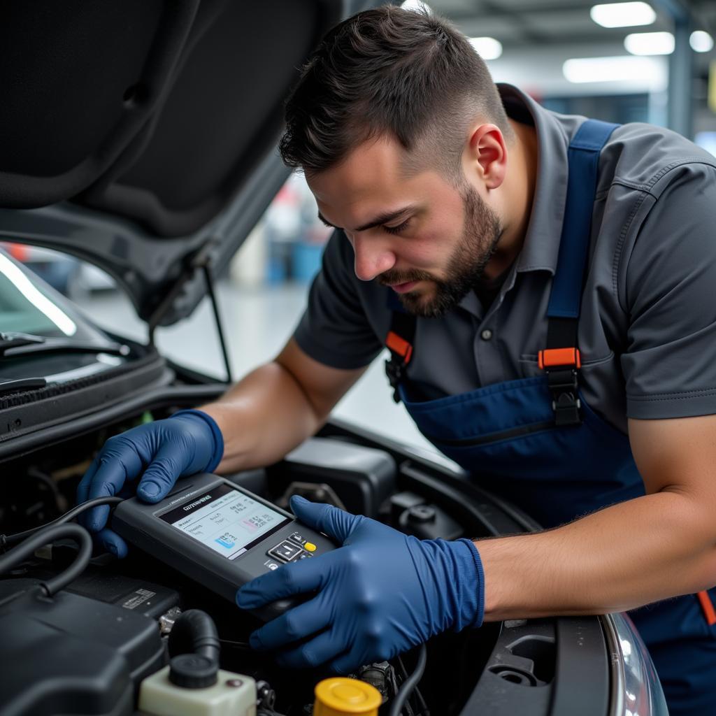 Mechanic inspecting car engine during service