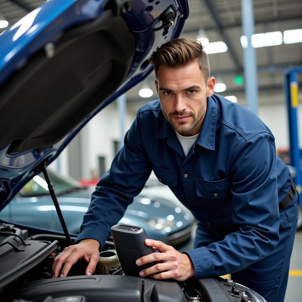 Mechanic checking car engine