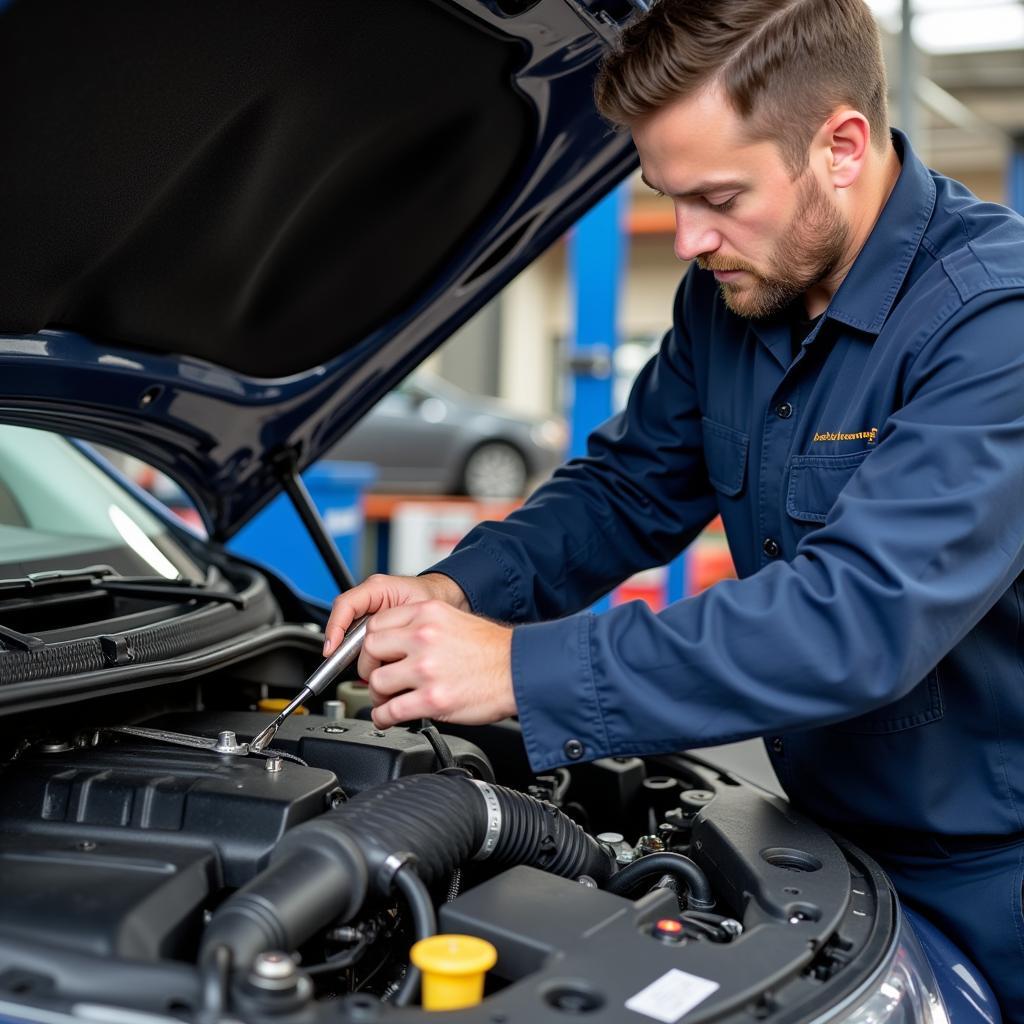 Mechanic inspecting a car engine during a service