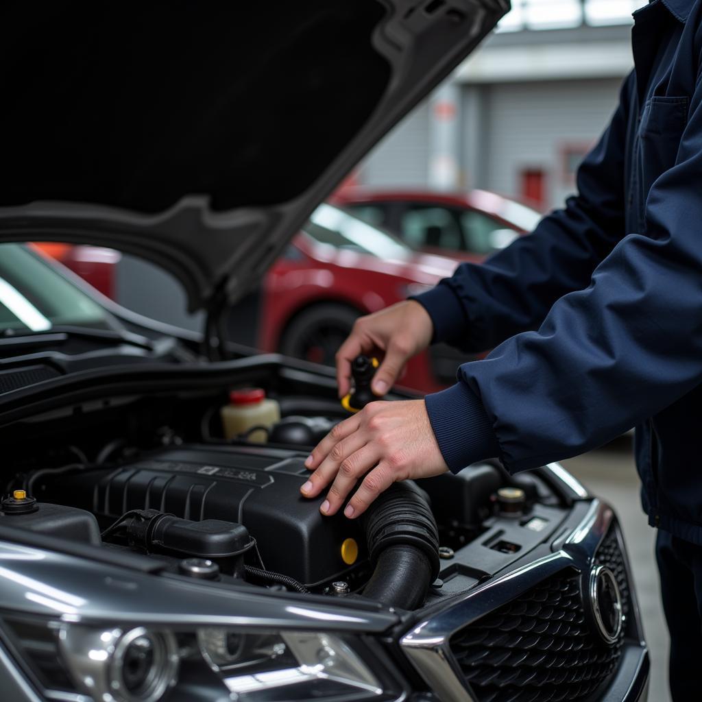 Mechanic inspecting a car engine during a service