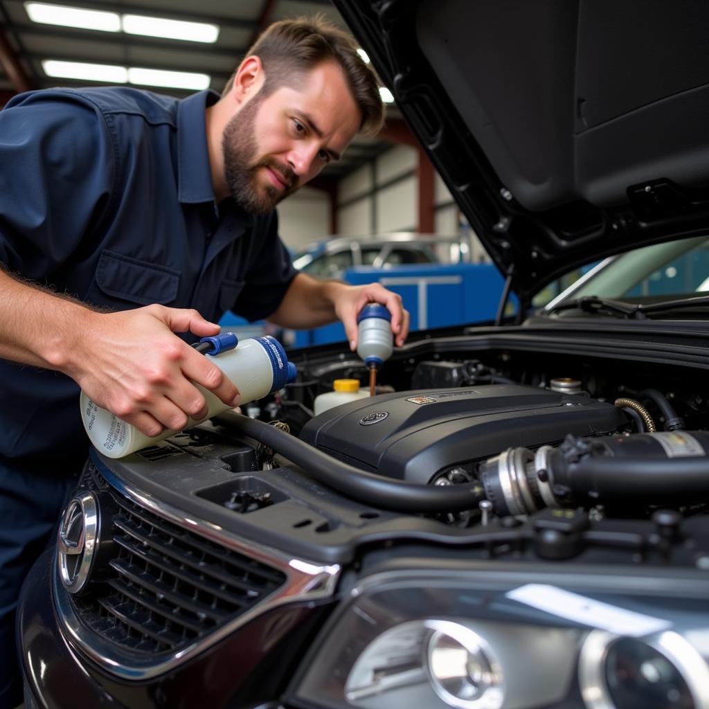 Mechanic checking car fluids during a 100,000 mile service