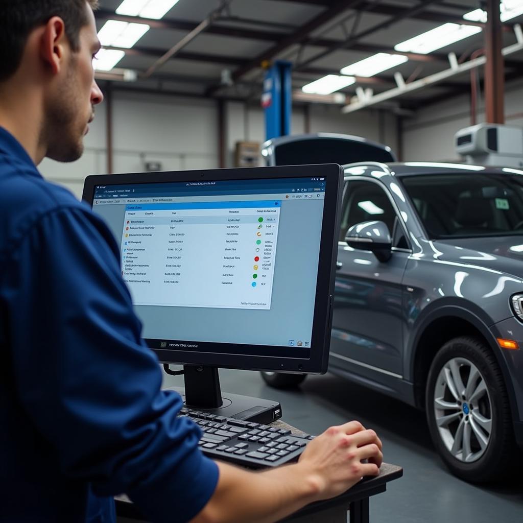 Mechanic Checking Car History on Computer