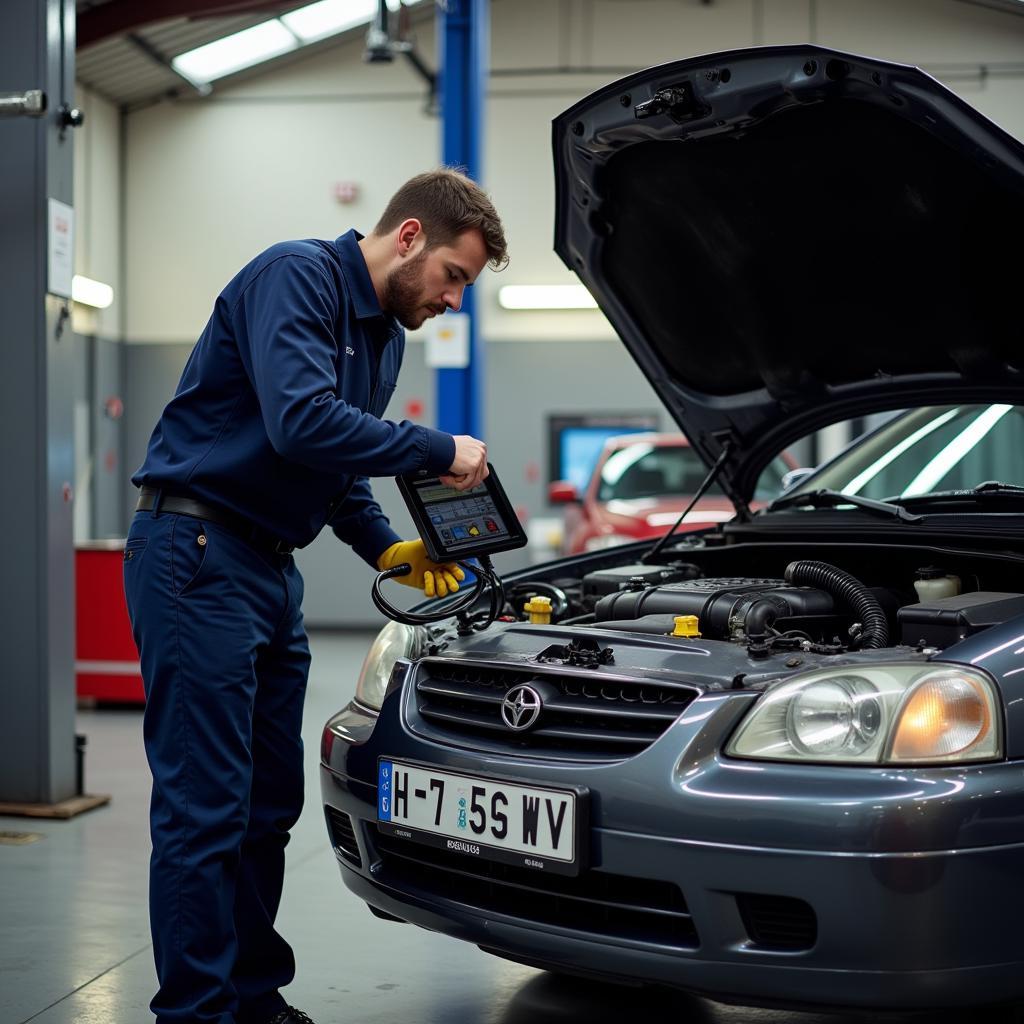 Mechanic Checking Car in Foreign Garage