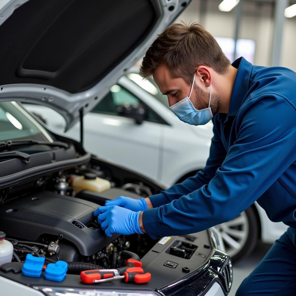 Mechanic checking car during lockdown