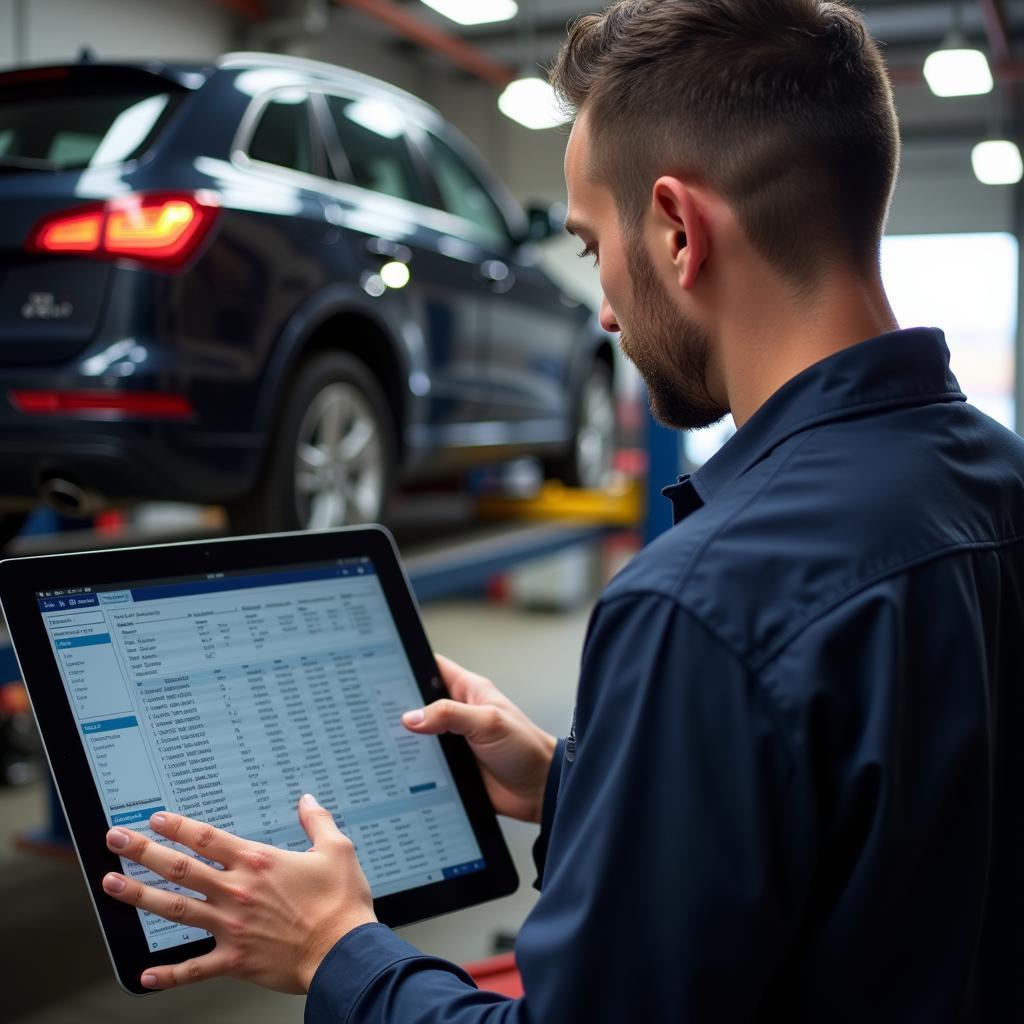 Mechanic reviewing car service records