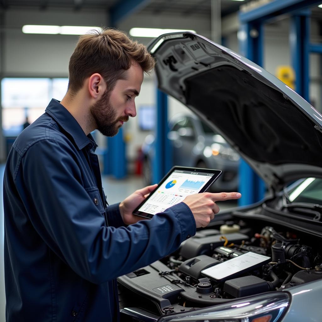 Mechanic Reviewing Service History on Tablet