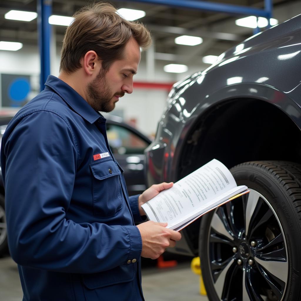 Mechanic Reviewing a Car Service History Book