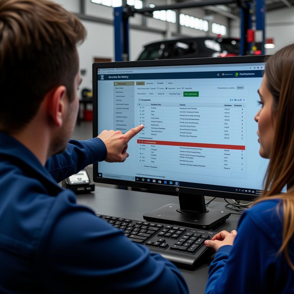 Mechanic Checking Car Service Records on Computer