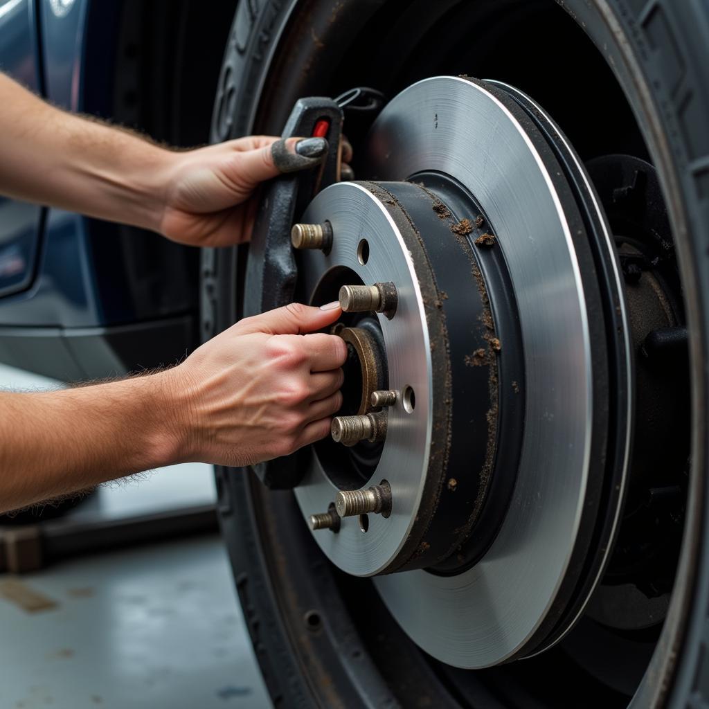 Mechanic inspecting car tires and brakes