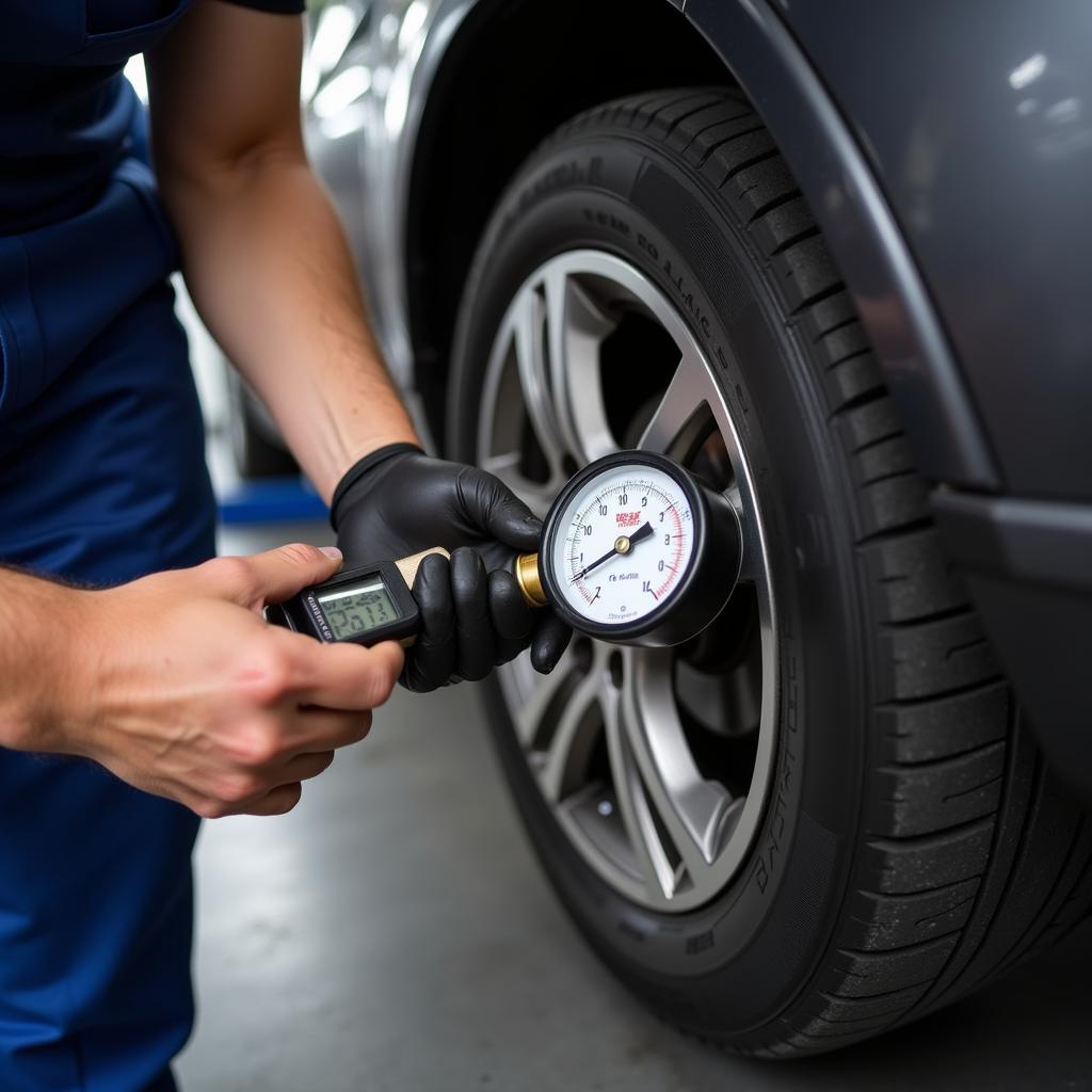 Mechanic Checking Car Tires with Pressure Gauge