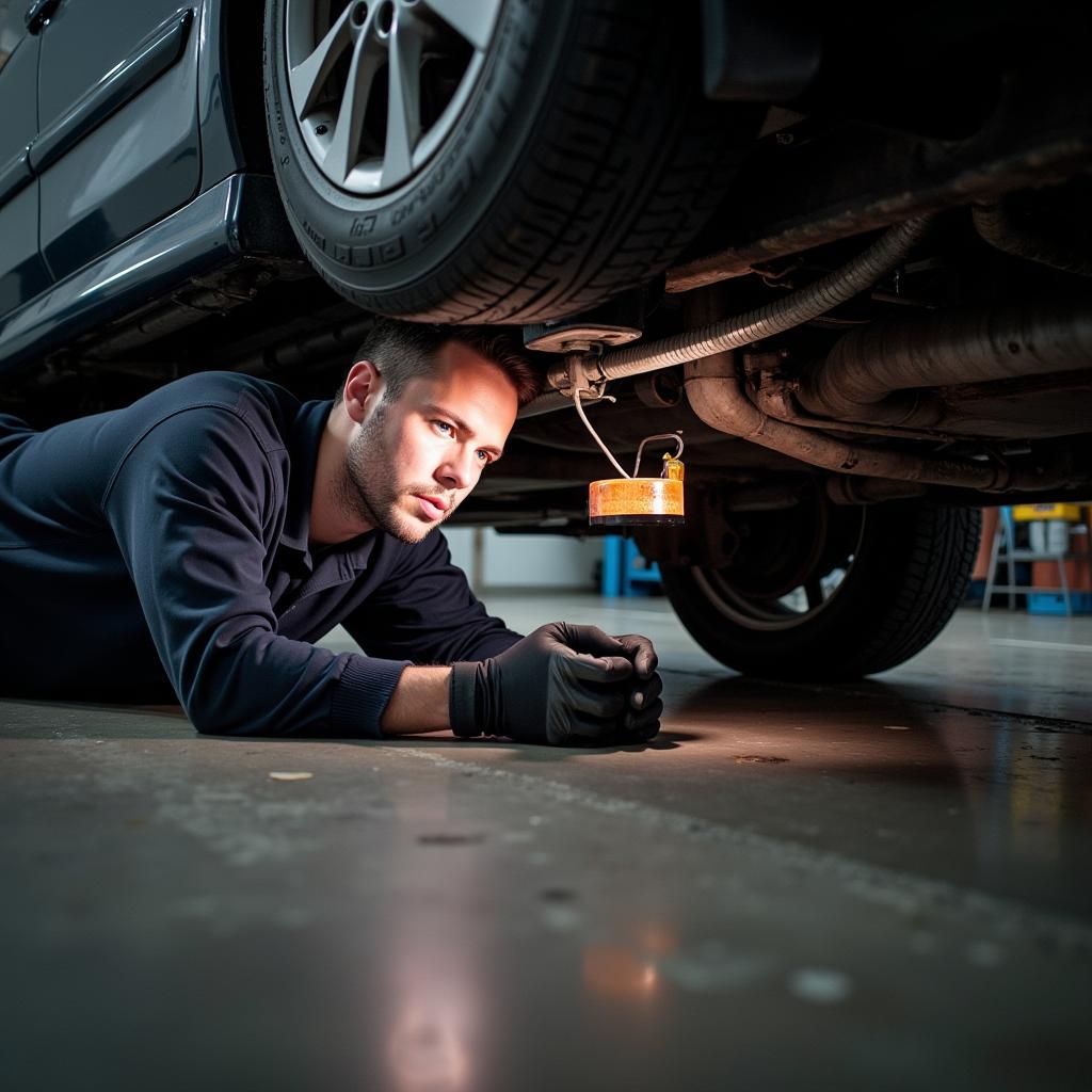 Mechanic inspecting the undercarriage of a car in Mumbai