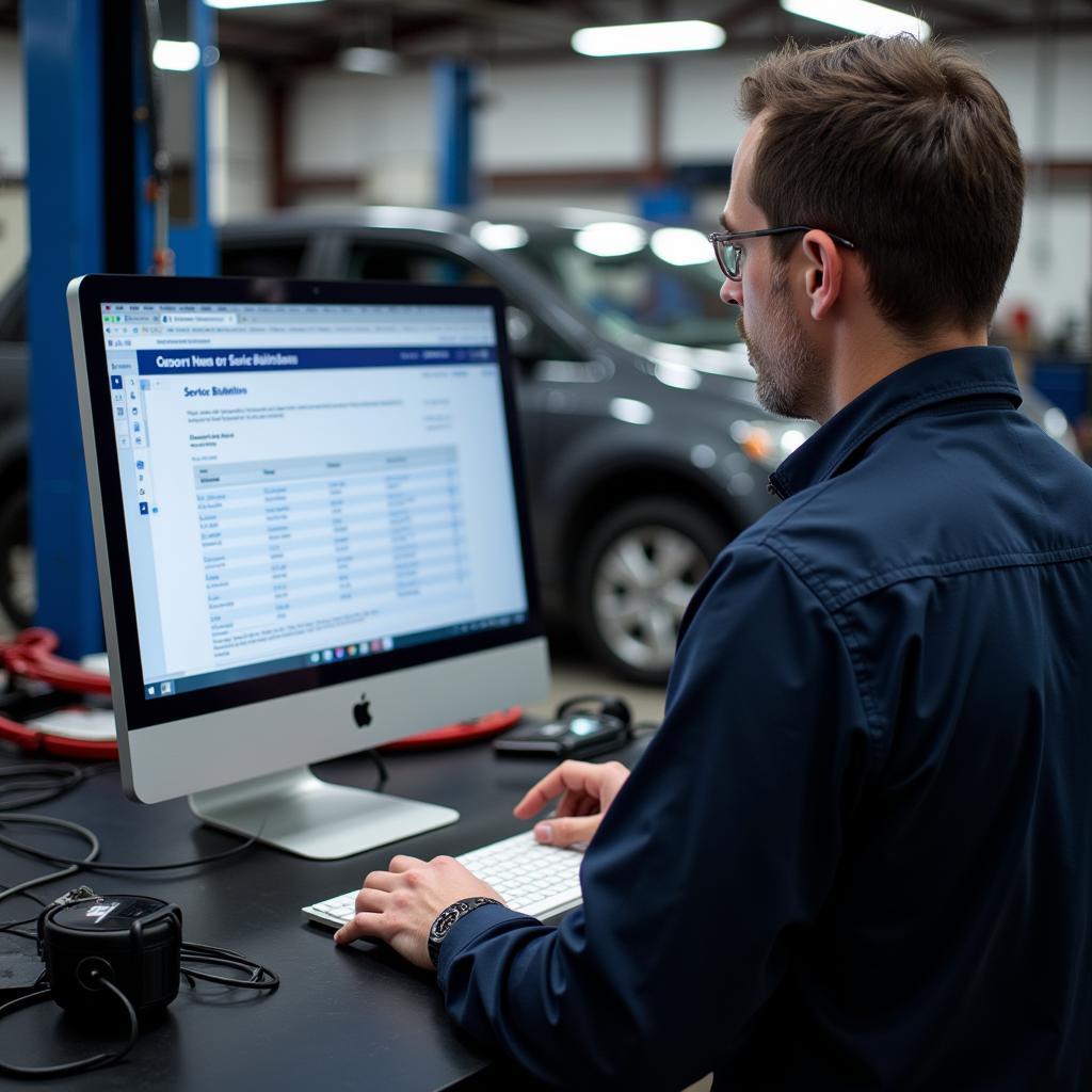 Mechanic Checking Service Bulletins on Computer