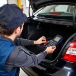 Mechanic Checking Car Battery in Trunk