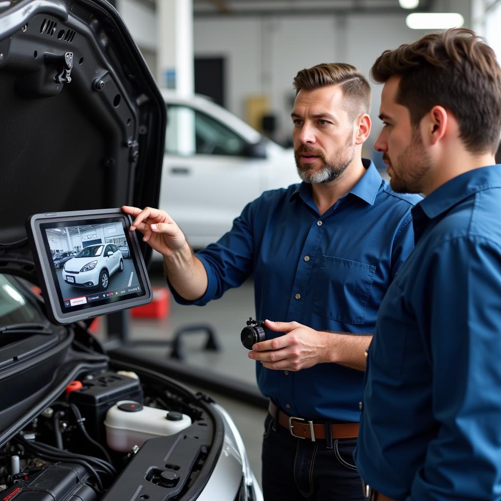 Mechanic and Customer Transparency: A mechanic explains the car service process to the customer while pointing to a camera recording the work.