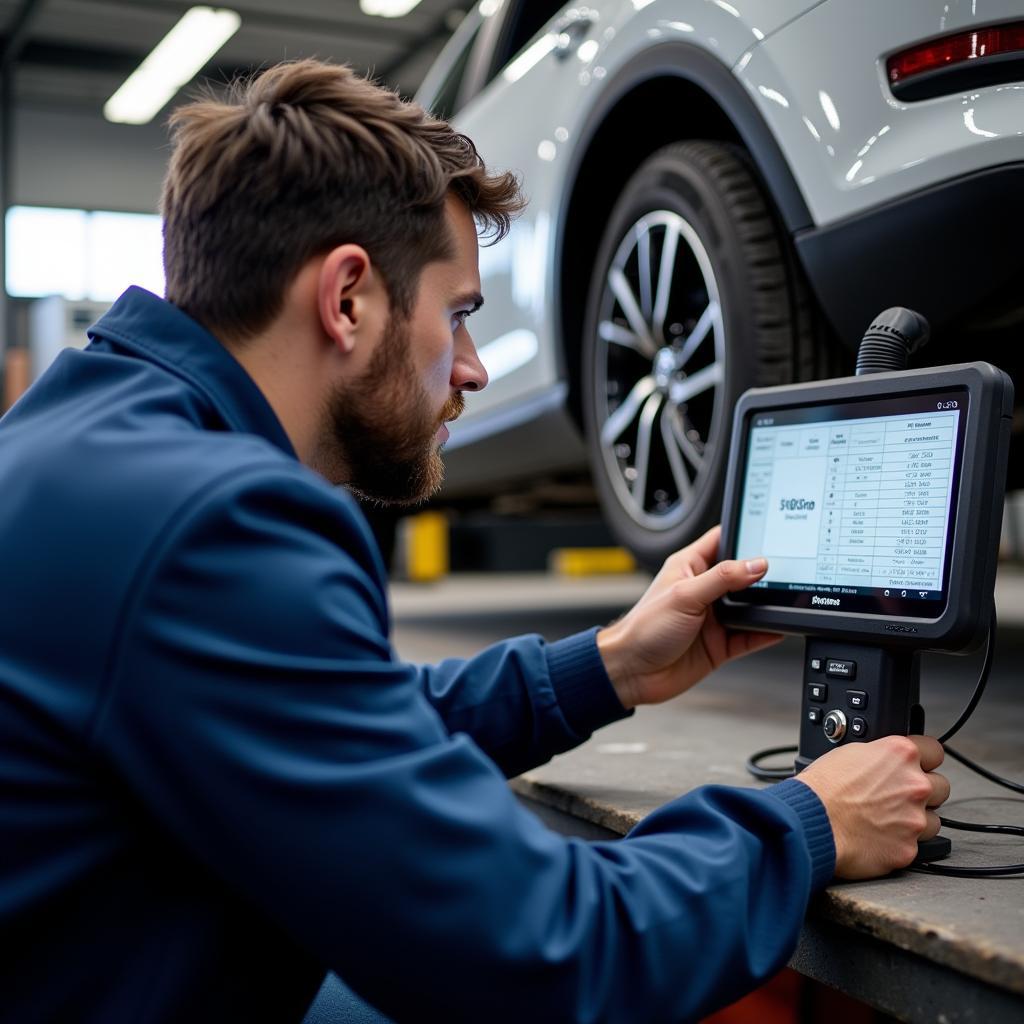 Mechanic Diagnosing Car ESP System with Diagnostic Tool