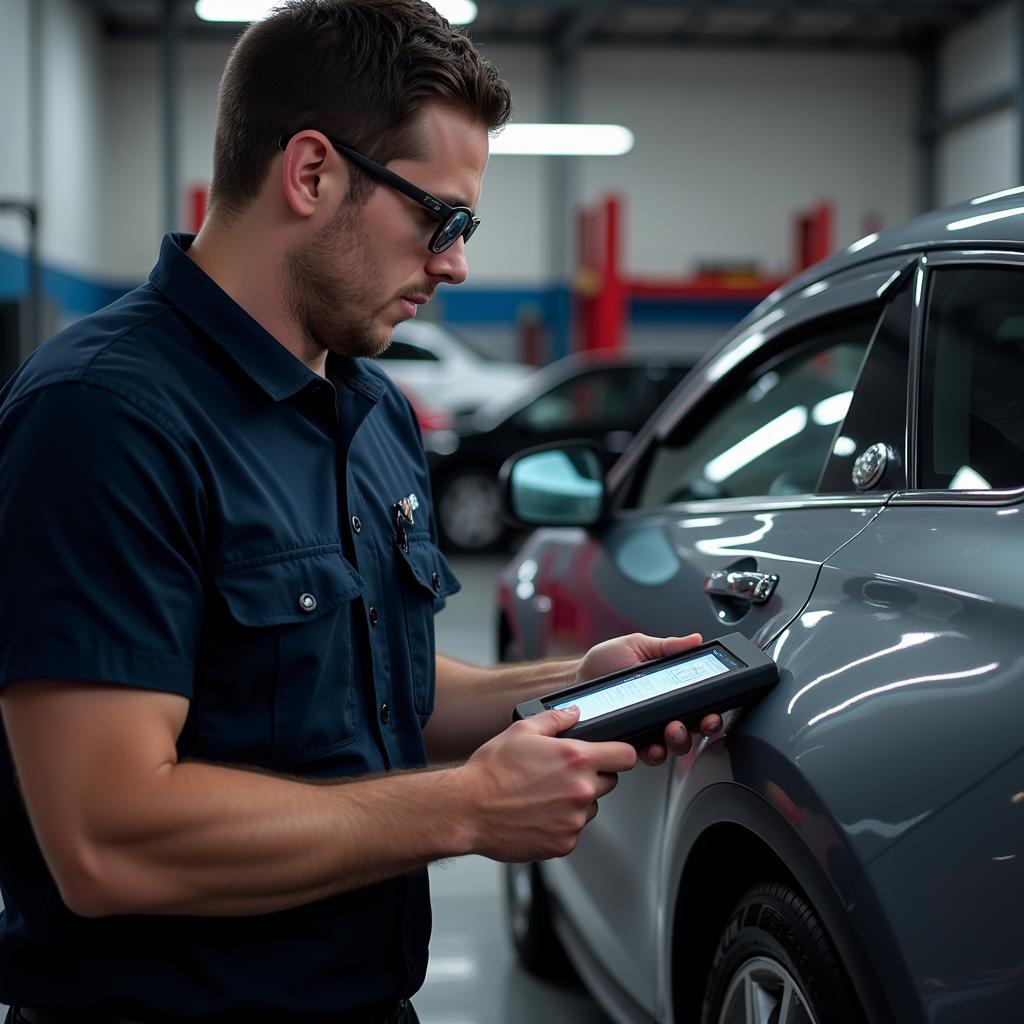 Experienced Mechanic Diagnosing Car Problem with Diagnostic Tool