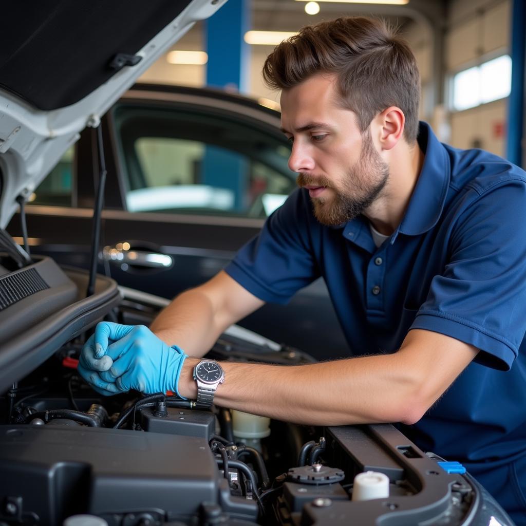 Mechanic working on a car in an E0 garage