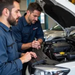 Mechanic explaining car issues to the homeowner in their driveway