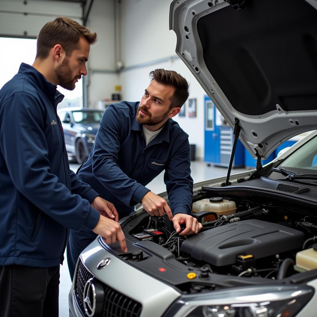 Mechanic explaining car parts to a customer