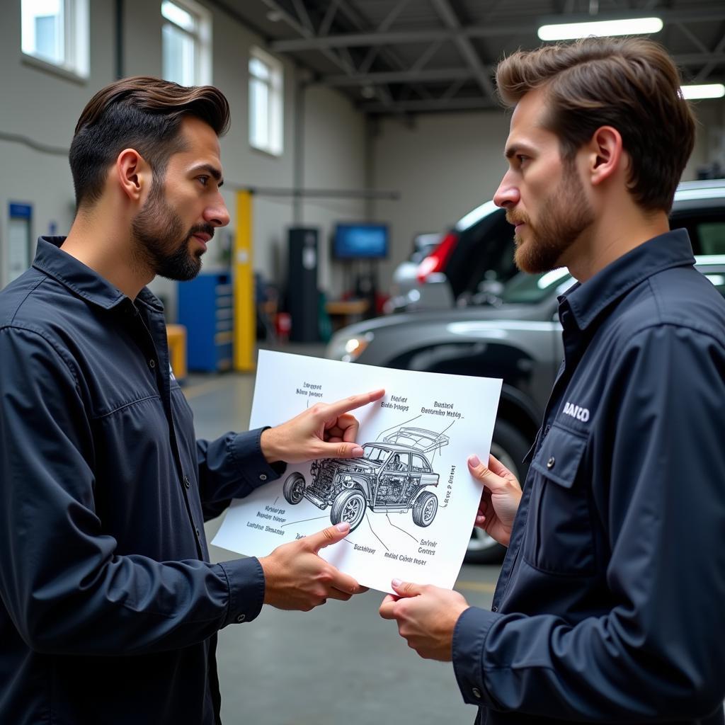 Mechanic explaining car repair to customer