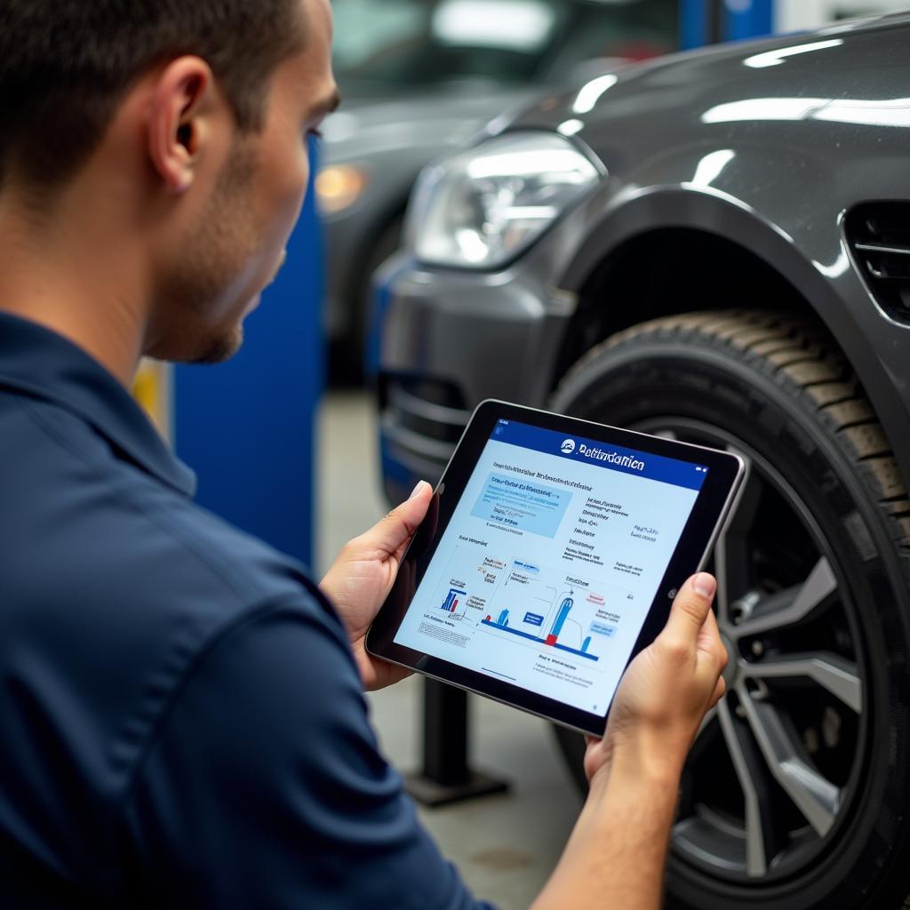 Mechanic explaining car repair to customer using digital tablet