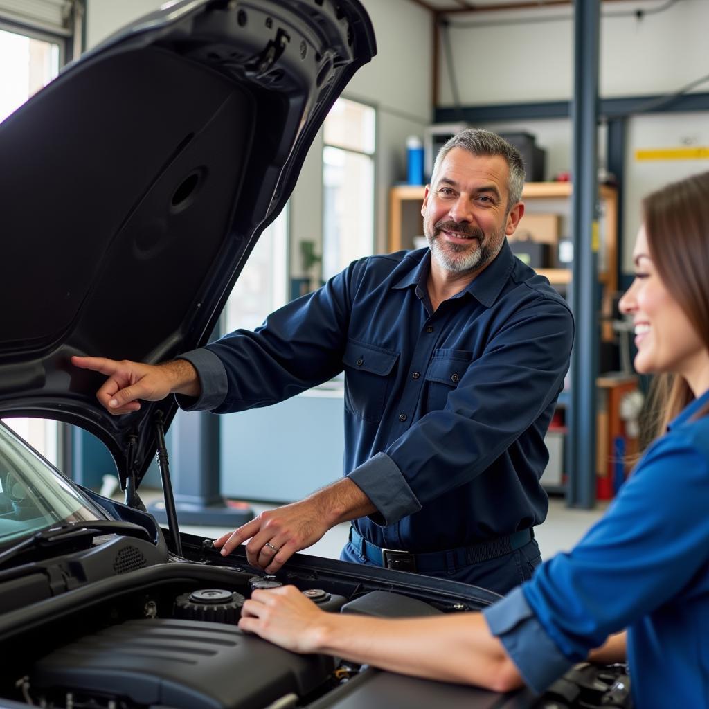 Mechanic explaining car repair to customer