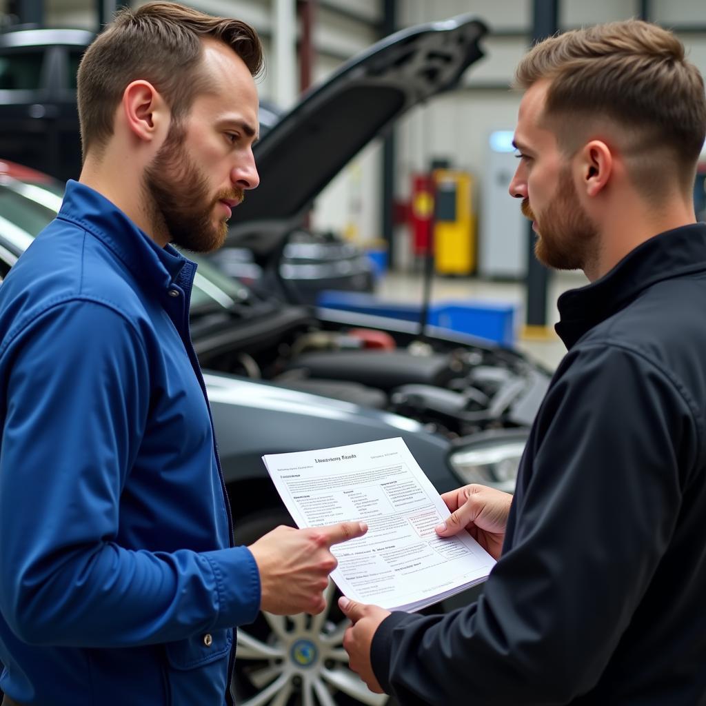 Mechanic discussing the car service report with a customer