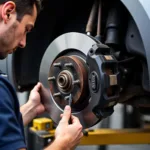 Mechanic inspecting car brakes for wear and tear