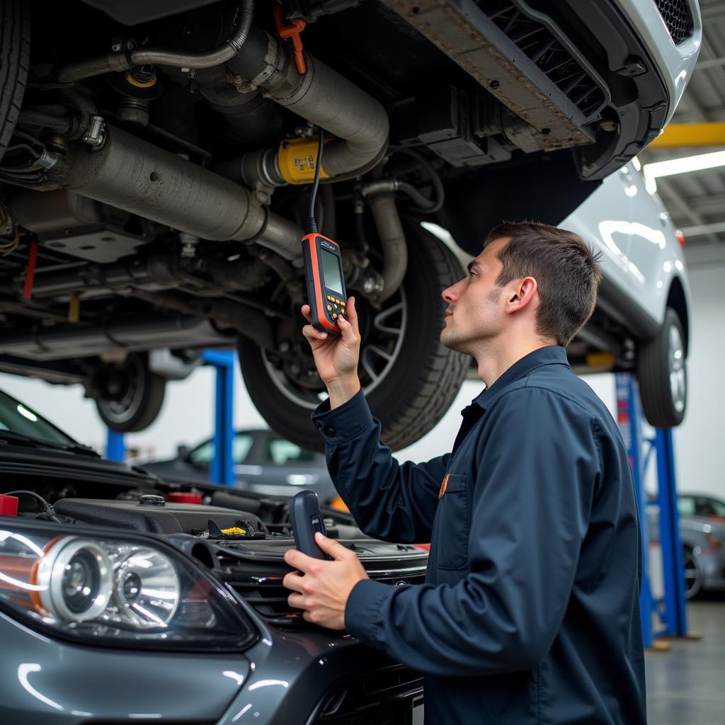 Mechanic performing a thorough inspection on a car that hasn't been serviced for two years