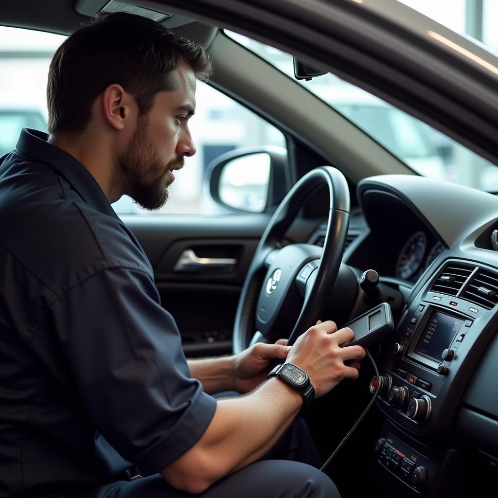 Mechanic Inspecting Car AC System