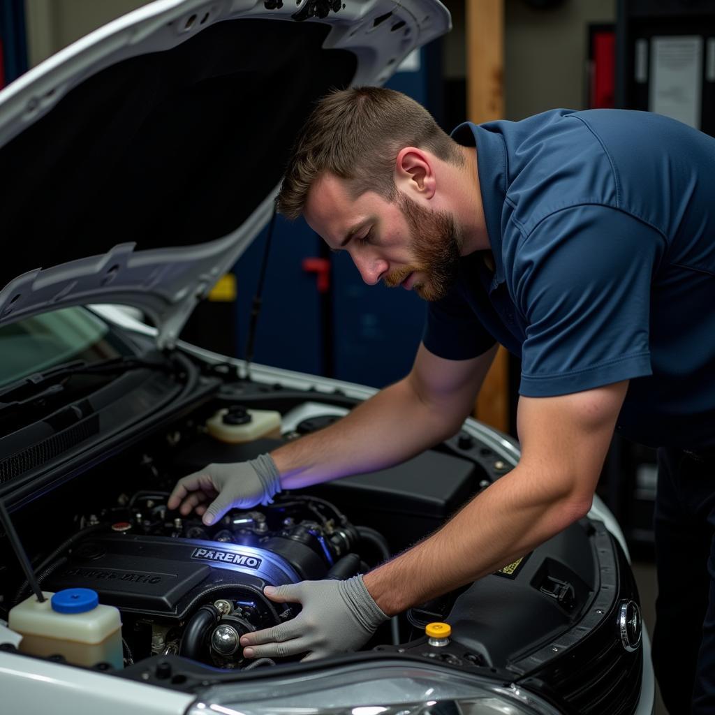 Mechanic inspecting a car engine during a pre-purchase inspection