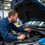 Mechanic inspecting a car engine during a service