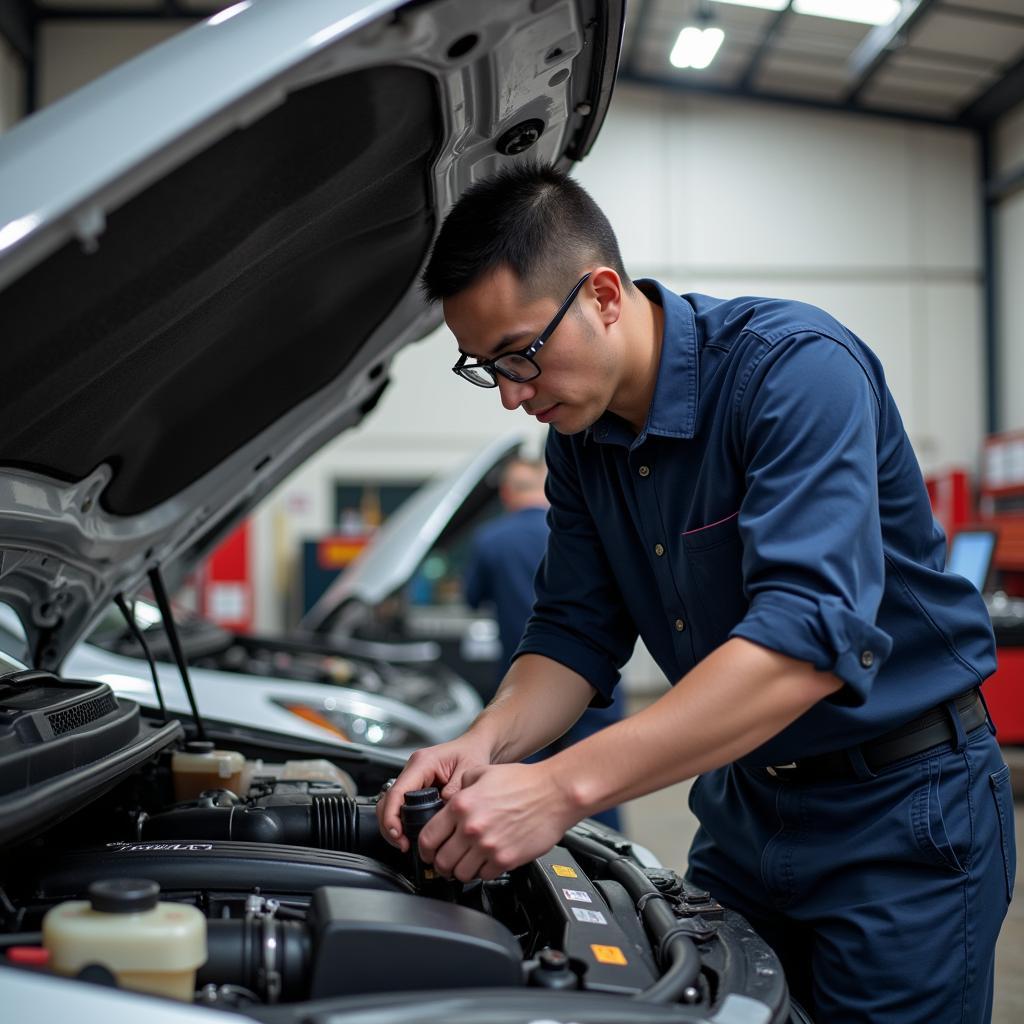 Mechanic Performing a Car Engine Inspection During Service