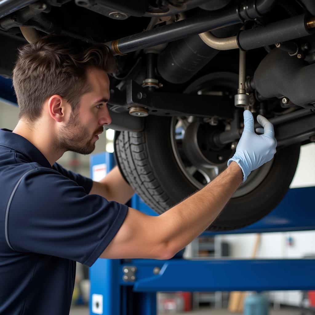 Mechanic Inspecting Car Lift for Safety