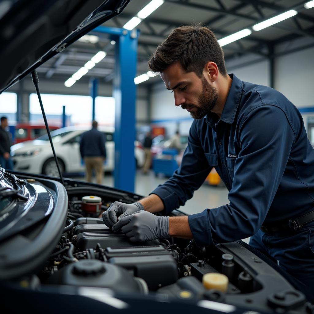 Mechanic Inspecting Car in Sahibabad Service Center