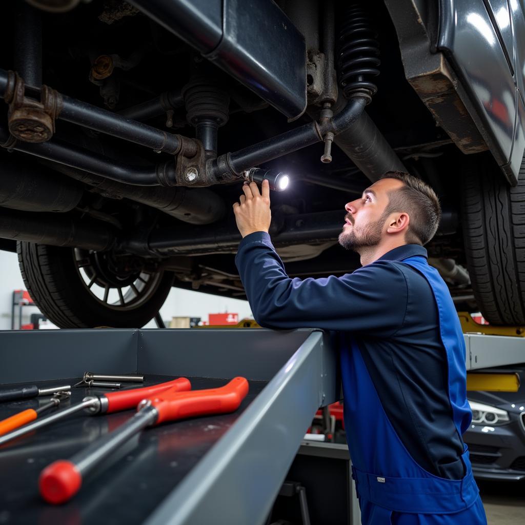 Mechanic Inspecting Car Undercarriage