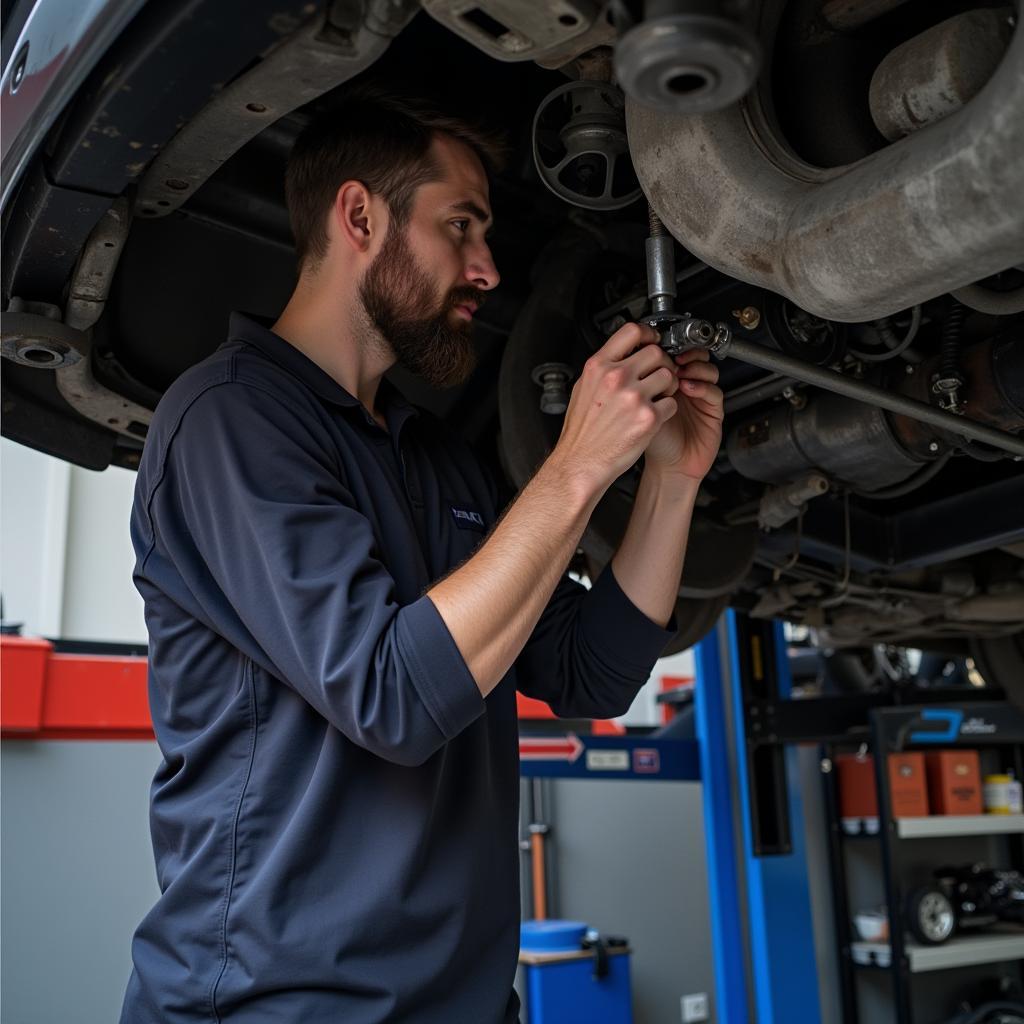 Mechanic Inspecting Car Undercarriage